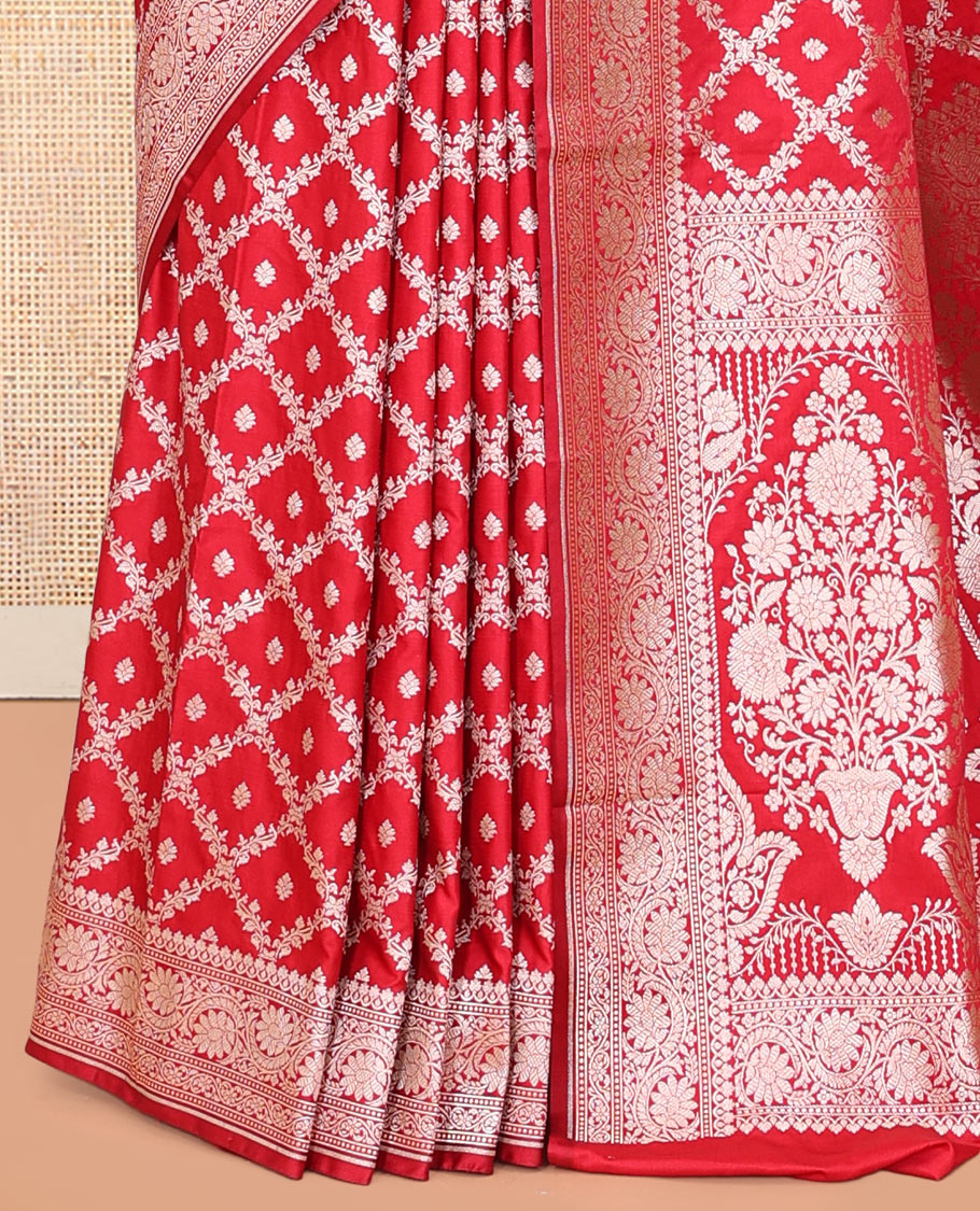 Red Semi-Banaras Satin Silk Saree