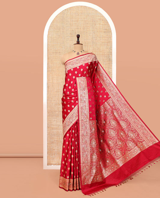 Pink Banarasi Satin Saree, Detailed with Floral Buttas, a Floral Creeper Border, Intricate Stonework Pallu, and a Matching Blouse