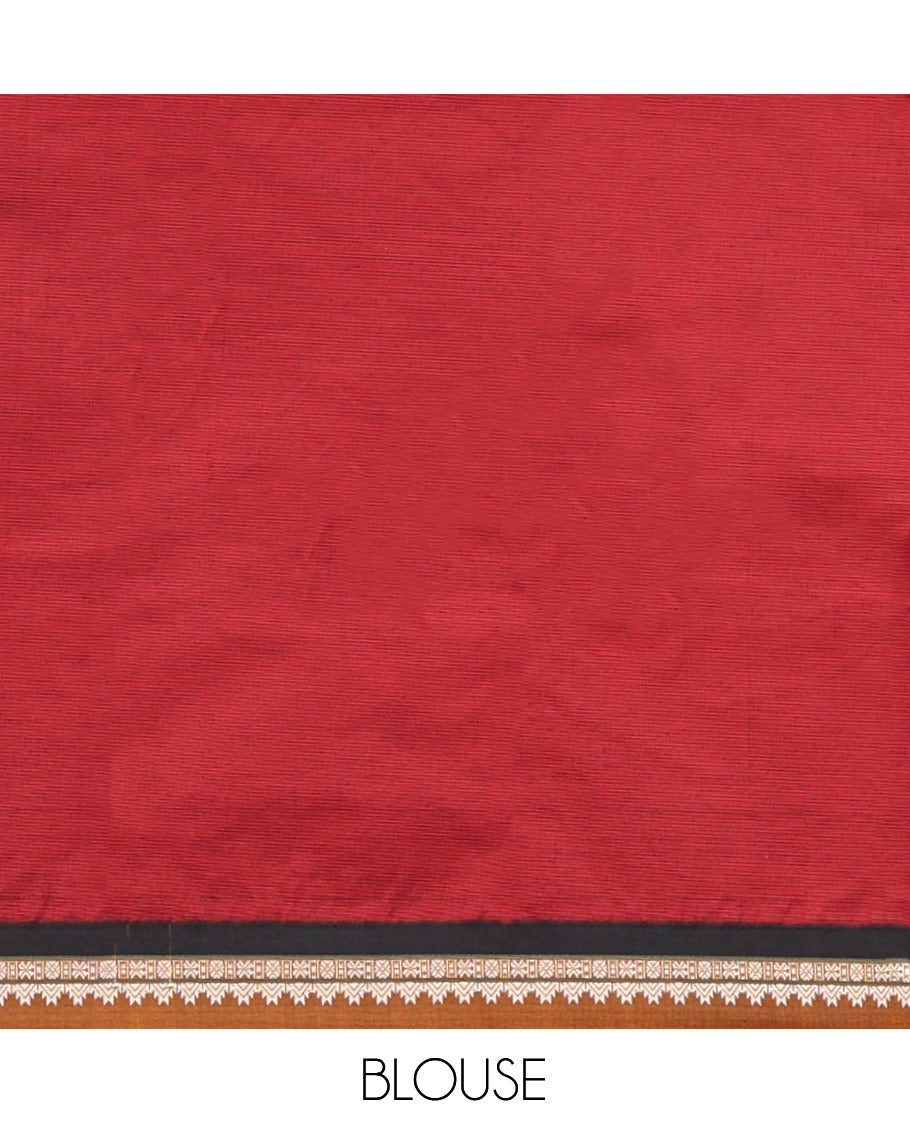 Red Plain Narayanpet Cotton Saree, Complemented by a Contrast Traditional Thread Border, Striped Pallu, and a Matching Blouse