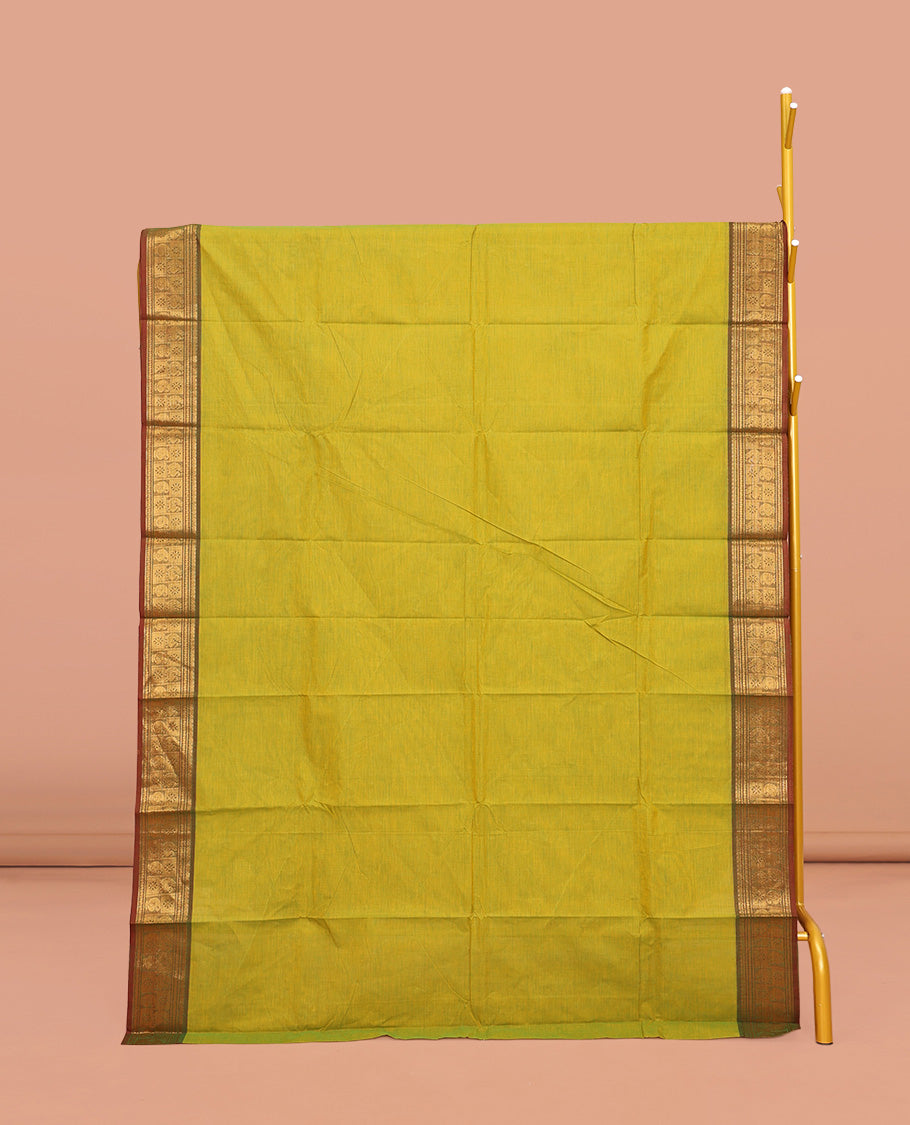 Light Green Plain Chettinad Cotton Saree, Complemented by Contrast Traditional Zari Design Border, Pallu of Stripes, and Paired with a Matching Blouse