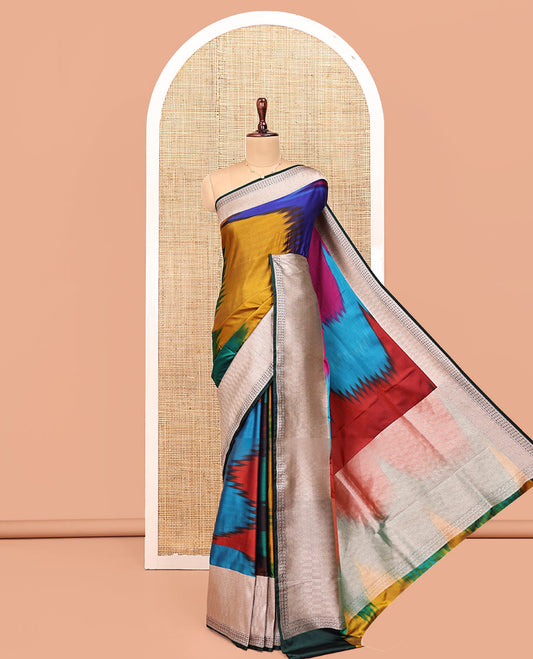 Multi-Color Banarasi Silk Saree, Richly Detailed with Colorful Ikkat Weave on Its Body, Complemented by a Contrast Border of Geometric Designs, Pallu of Geometric Designs, and Paired with a Matching Blouse