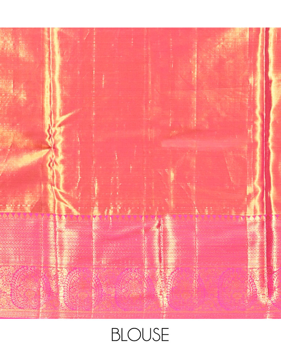 Green Kanchipuram Tissue Silk Saree, Gracefully Embellished with Floral Jacquard, Complemented by a Contrast Border, Jaal Pallu, and a Contrast Blouse