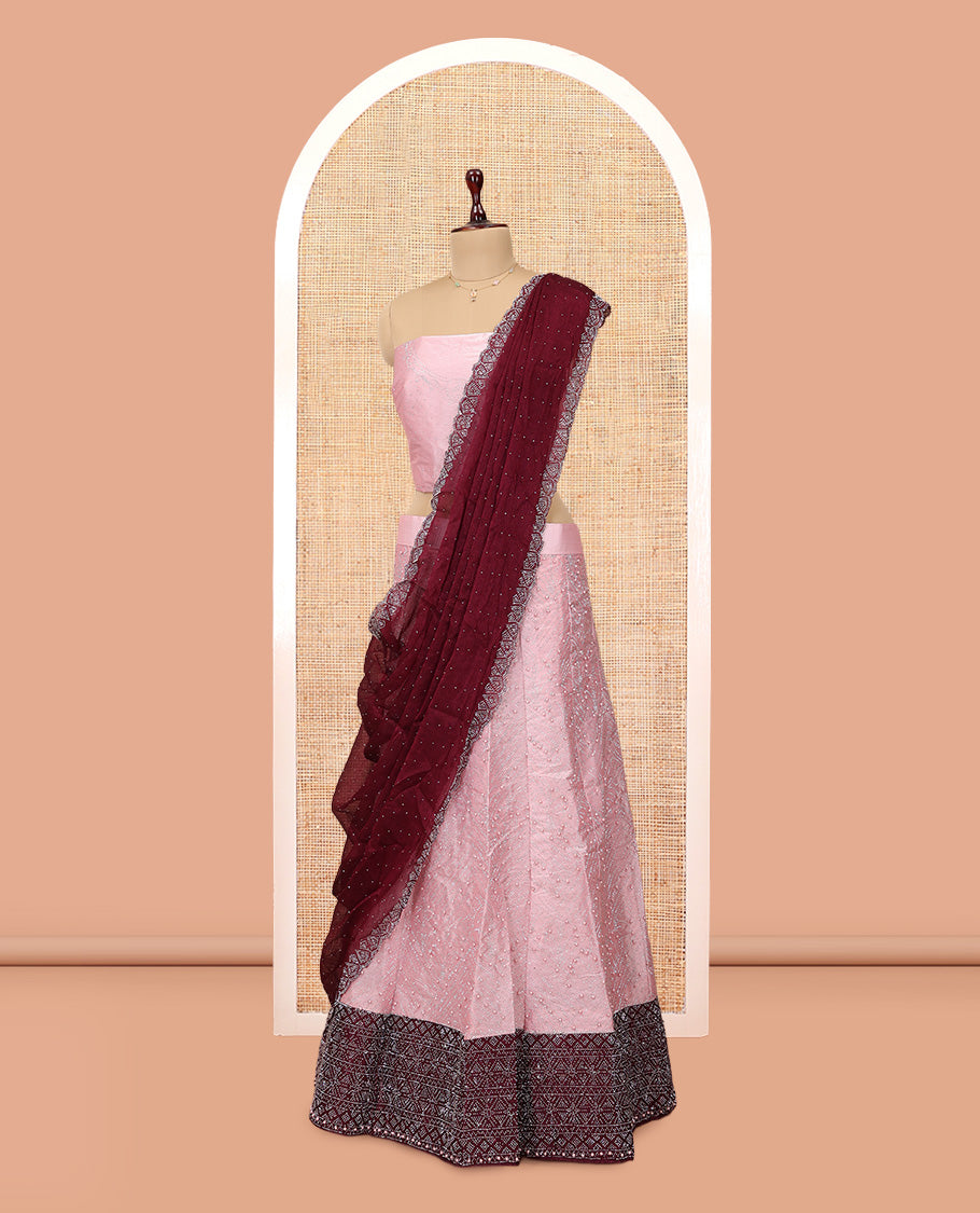 Pink Banarasi Half-Saree, Finely Crafted with Bead Work Skirt, a Contrast Stone Work Border, Matching Blouse, and Contrast Scallop Stone Work Dupatta