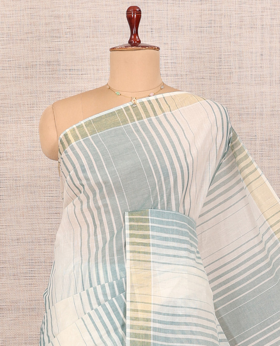 Cream-Green Jute Cotton Saree
