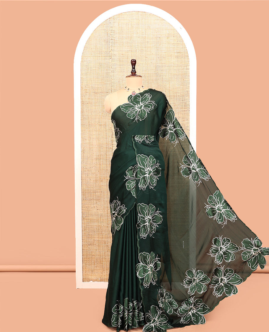 Olive Green Satin Organza Saree, Steeped in the Prettiness of Floral Embroidery, Floral Embroidered Scallop Border, and a Matching Blouse