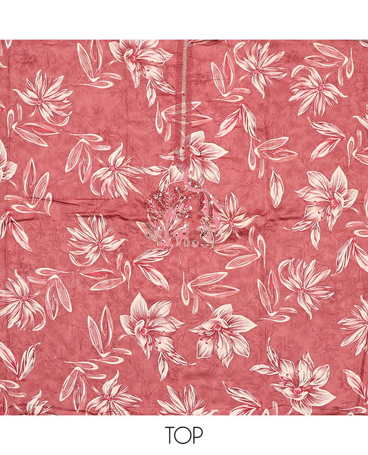 Pink Material Chudidar Set, Accentuated with Floral Print, and Embroidery on Its Muslin Top, a Plain Cotton Bottom, and Paired with a Peacock Printed Lilan Cotton Dupatta