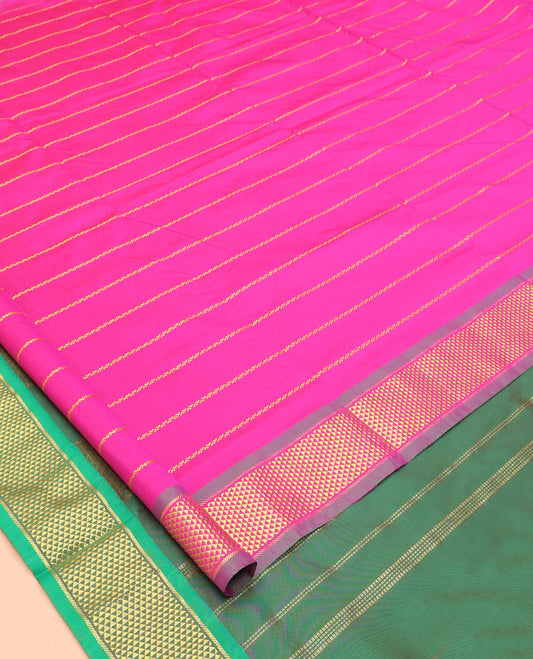 Rani Pink Art-Silk Nine Yard Saree, Woven with Veldhari Stripes, a Contrast Ara Maadam Border, Pallu of Ara Maadam Designs, and No Blouse