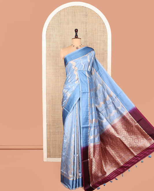 Blue Dupion Silk Saree, Richly Detailed with Floral Creeper and Chevron Stripes, Complemented by Contrast Border, Pallu of Jaal Design, and a Contrast Blouse