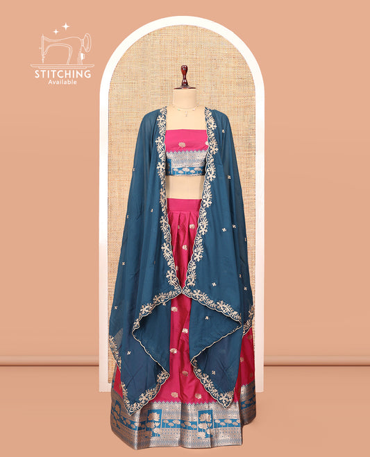 Magenta Banarasi Half-Saree, Embellished with Zari Buttas Skirt, a Contrast Traditional Border, Matching Embroidered Blouse, and Contrast Scallop Embroidered Dupatta