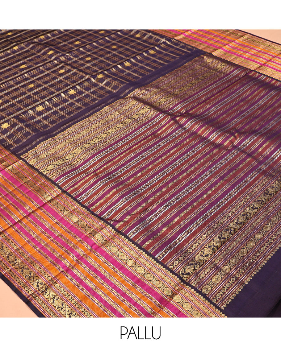 Violet Kanchipuram Designer Silk Saree Features Mayil-Chakra Checks, Contrast Border of Thilakam Mokku, Muthu, Poun, Chakram, Neli, and Mayil Kann, Geometric Pallu, and a Matching Blouse