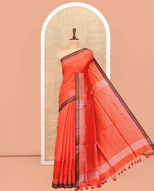 Orange Plain Banana Pith Saree, Contrast Subtly Striped Border, Pallu Steeped with Stripes, and Paired with a Matching Blouse