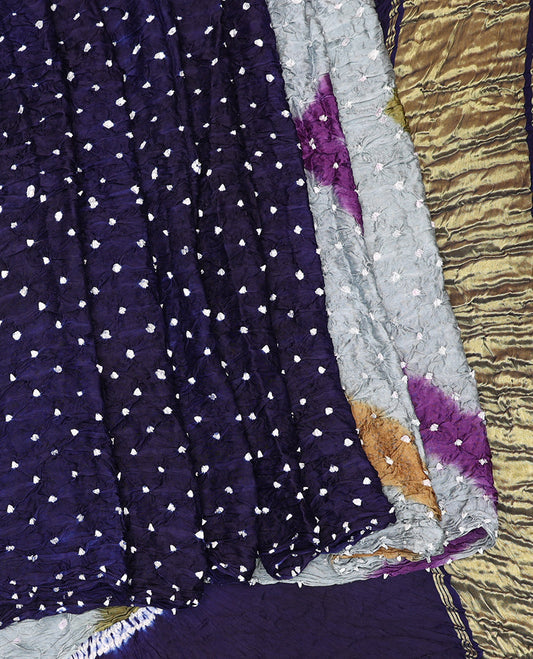 Borderless Navy Blue Bandhani Dola Silk Saree