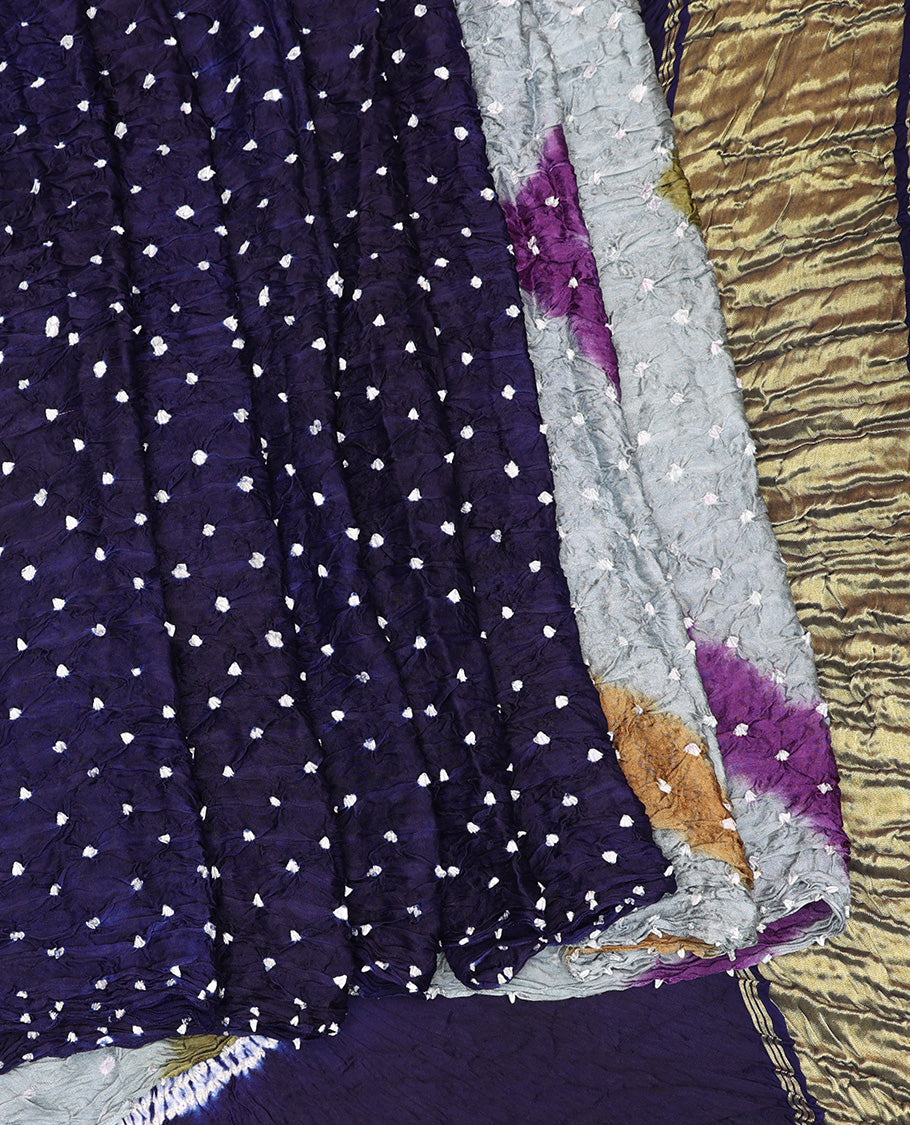 Borderless Navy Blue Bandhani Dola Silk Saree