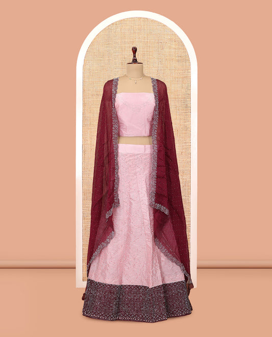 Pink Banarasi Half-Saree, Finely Crafted with Bead Work Skirt, a Contrast Stone Work Border, Matching Blouse, and Contrast Scallop Stone Work Dupatta