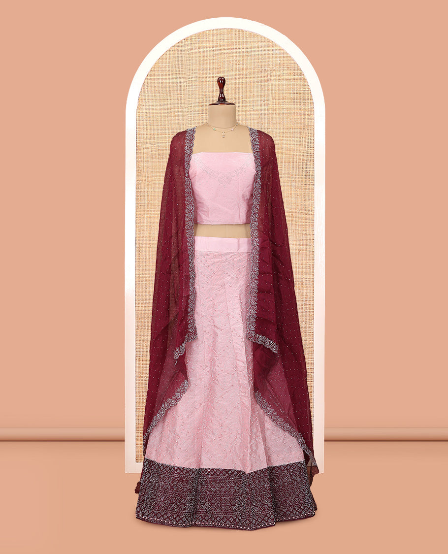 Pink Banarasi Half-Saree, Finely Crafted with Bead Work Skirt, a Contrast Stone Work Border, Matching Blouse, and Contrast Scallop Stone Work Dupatta