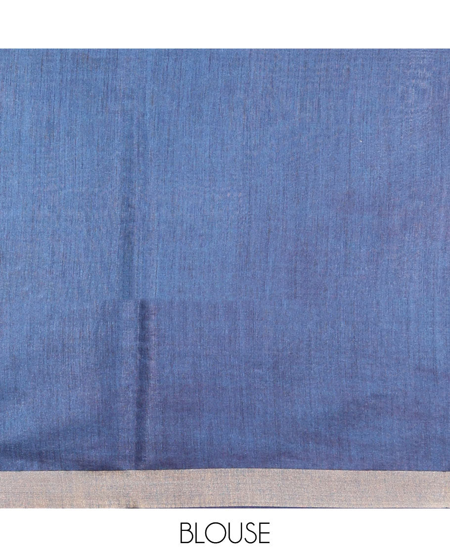 Blue Textured Tussar Silk Saree, a Subtle Border, a Striped Pallu, and a Matching Blouse