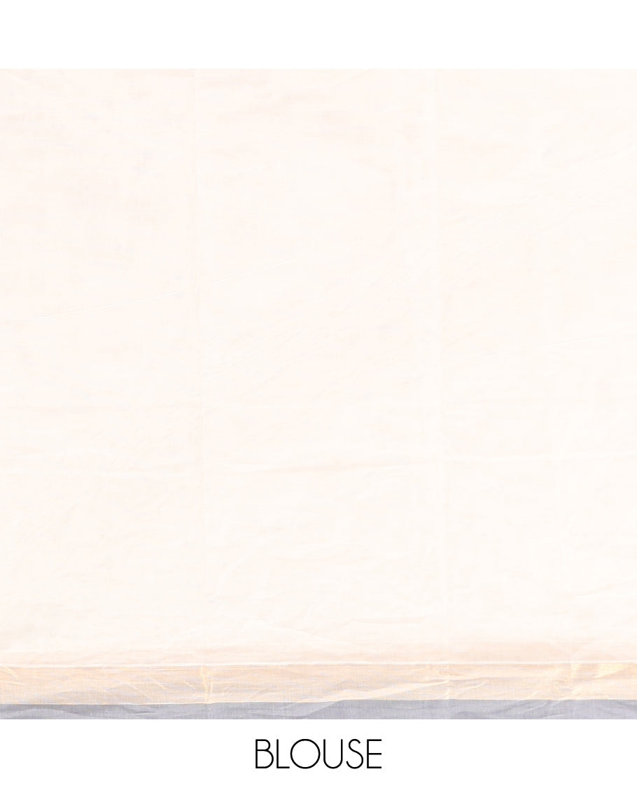 White Kanchi Cotton Saree, Woven with Thread Buttas, a Contrast Border, Intricate Pallu, and a Matching Blouse