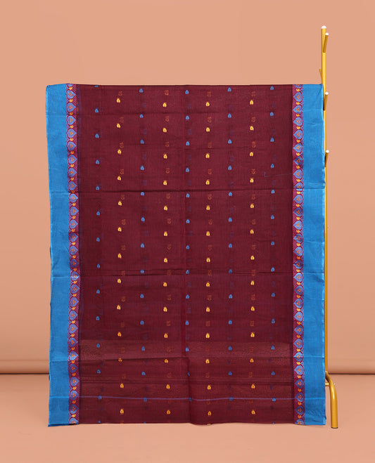 Maroon Bengal Cotton Saree, Embellished with Thread Buttas All Over Its Body, Complemented by a Contrast Border of Leaf Designs, Pallu of Stripes and Buttas, and Paired with a Matching Blouse