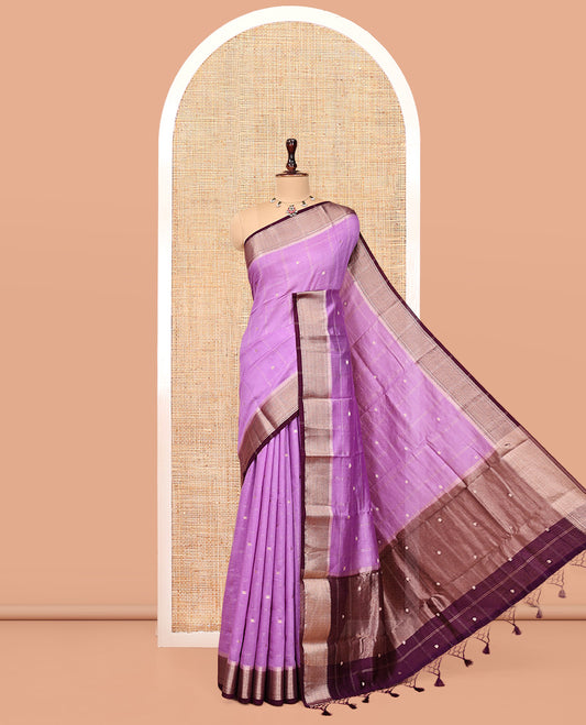 Light Purple Assam Silk Saree, Detailed with Zari Butta Enclosed Checks, Complemented by a Contrast Traditional Zari Border, Zari Design Pallu, and a Contrast Blouse