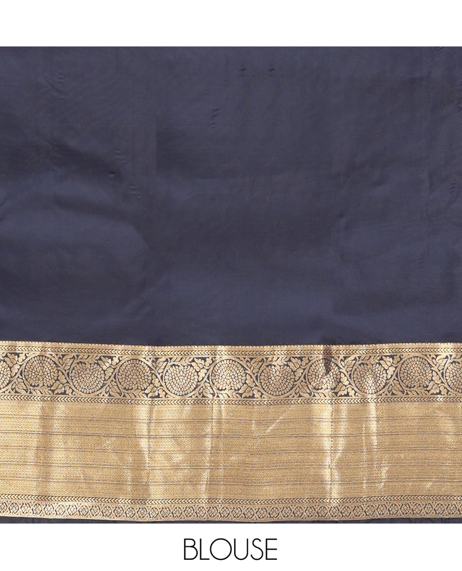 Blue Vasundhara Lite Silk Mix Saree, Accentuated with Zari Buttas, a Contrast Border of Kathir, Mayil Kann, and Kodi Visiry Designs, Jaal Pallu, and a Contrast Blouse