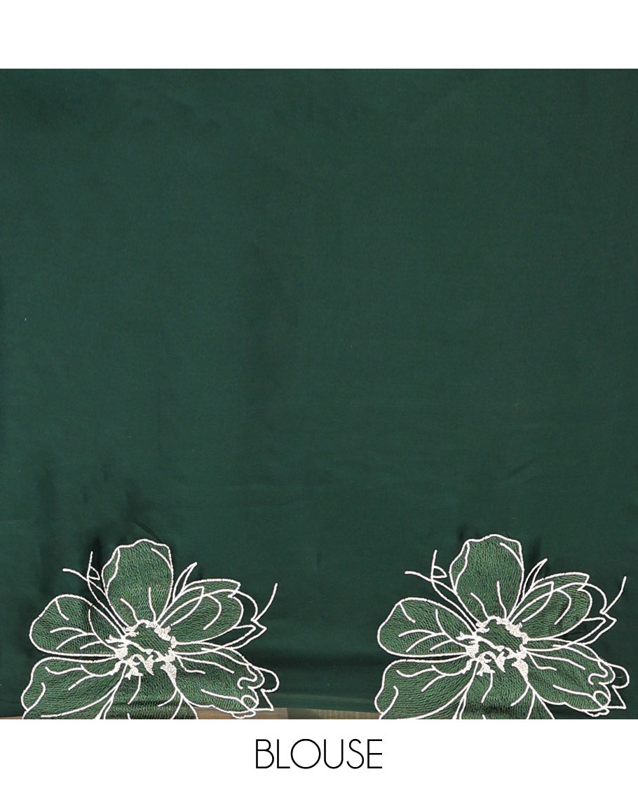 Olive Green Satin Organza Saree, Steeped in the Prettiness of Floral Embroidery, Floral Embroidered Scallop Border, and a Matching Blouse