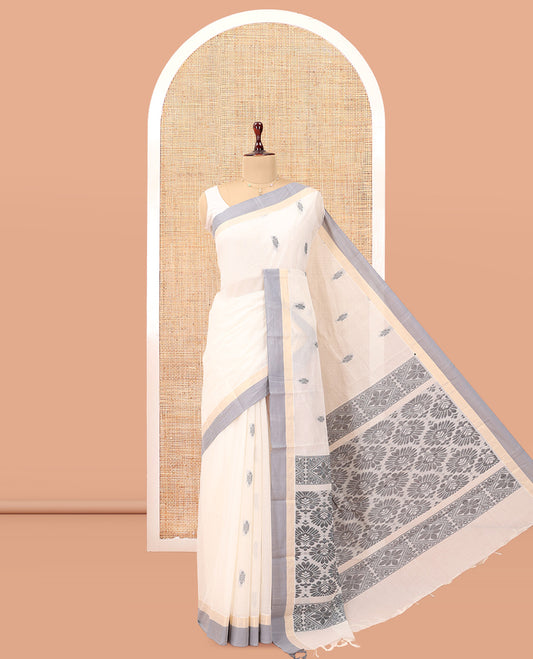 White Kanchi Cotton Saree, Woven with Thread Buttas, a Contrast Border, Intricate Pallu, and a Matching Blouse