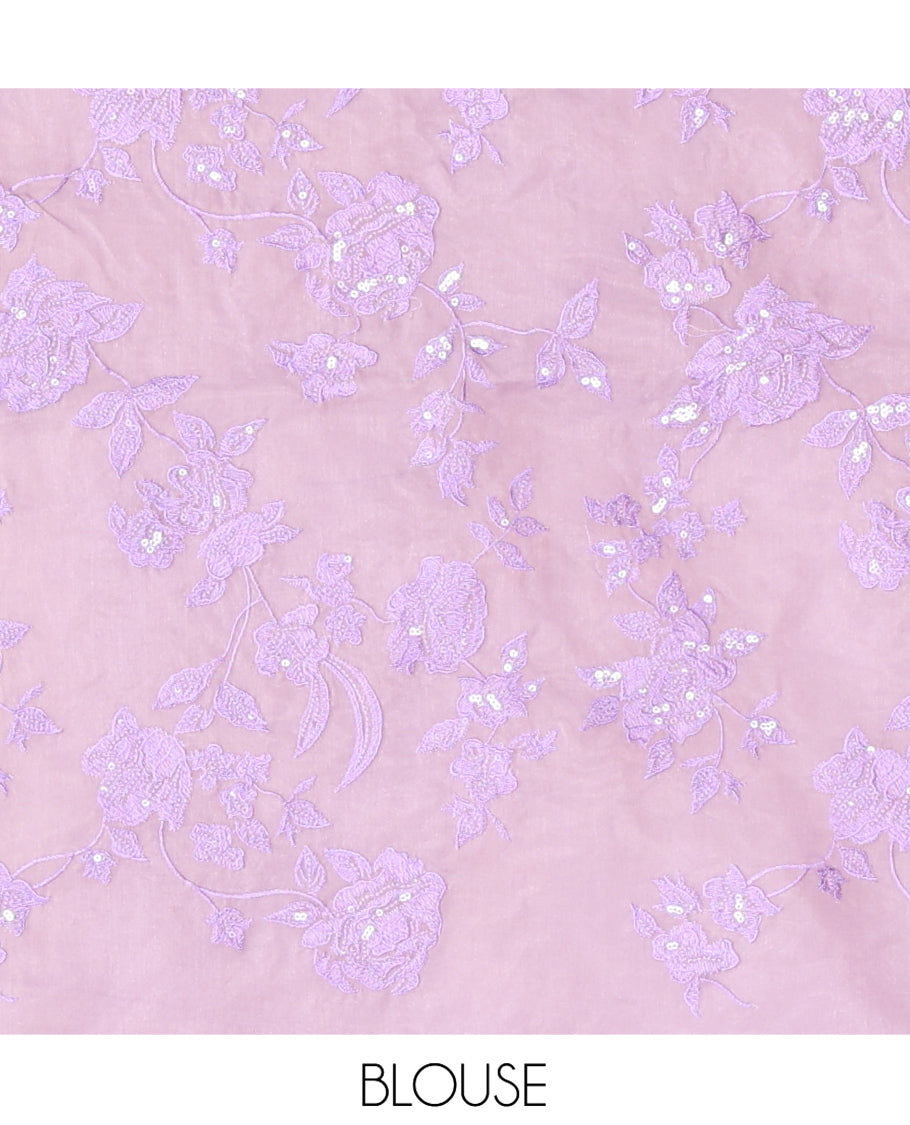 Lavender Organza Saree, Prettified with Floral Vine Sequins-Thread Embroidery, Scallop-Embroidered Border, and a Matching Blouse