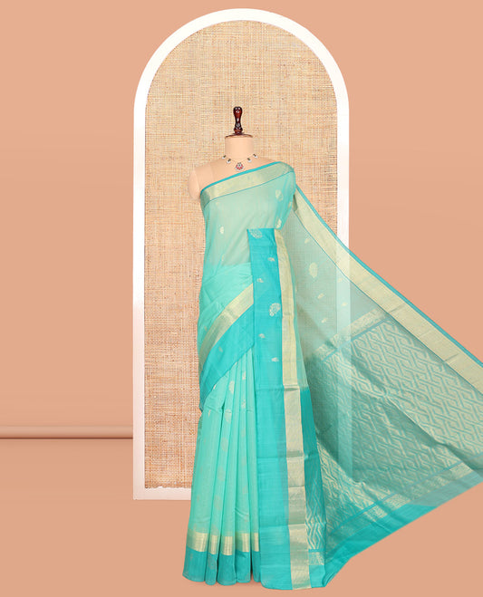Turquoise Silk Cotton Saree, Subtly Sparkled with Zari Buttas, Complemented by a Contrast Zari Border, Grand Pallu, and a Contrast Blouse
