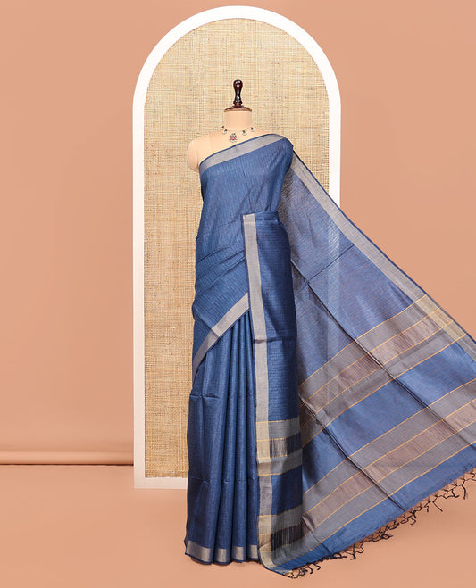 Blue Textured Tussar Silk Saree, a Subtle Border, a Striped Pallu, and a Matching Blouse