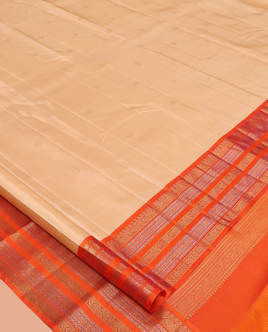 Sandal Manga-Chakra Buttas Vasundhara Silk Saree, Contrast Traditional Border, and Contrast Blouse