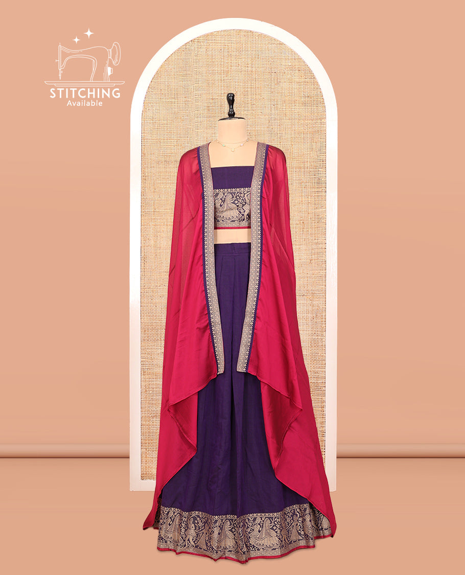 Violet Cotton Half-Saree Features Plain Skirt, a Contrast Dancing Human Figurines Border, a Matching Blouse, and a Contrast Dhavani