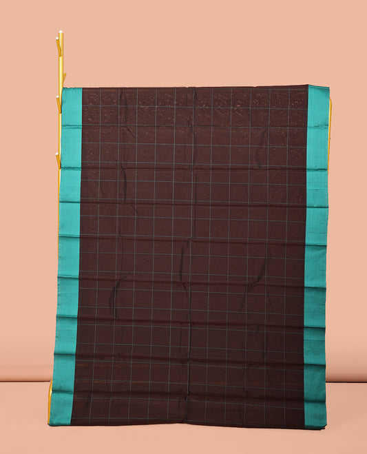 Brown Checked Semi-Silk Cotton Saree, Complemented by a Contrast Border, Pallu Steeped with Stripes, and Paired with a Matching Blouse