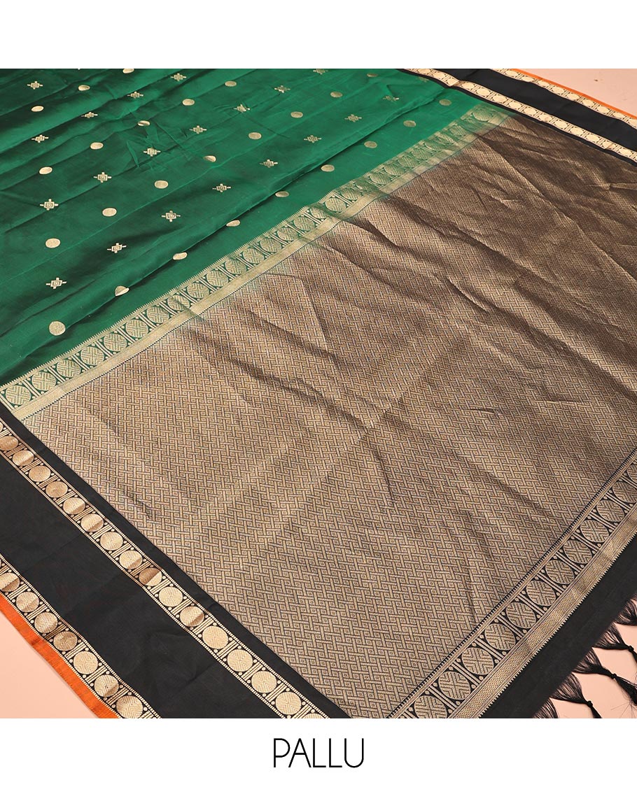 Green Buttas Vasundhara Lite Silkmix Saree, Contrast Rettai-Pettu Border, Contrast Blouse