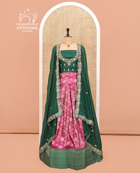 Pink Art Silk Half Saree, Adorned with Buttas Woven Skirt, Contrast Traditional Border, an Embroidered Blouse, and Contrast Scallop Embroidered Dhavani