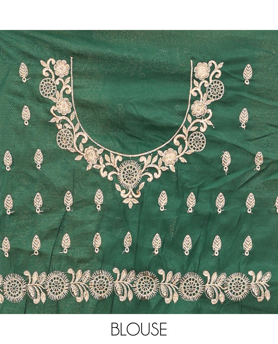 Pink Art Silk Half Saree, Adorned with Buttas Woven Skirt, Contrast Traditional Border, an Embroidered Blouse, and Contrast Scallop Embroidered Dhavani