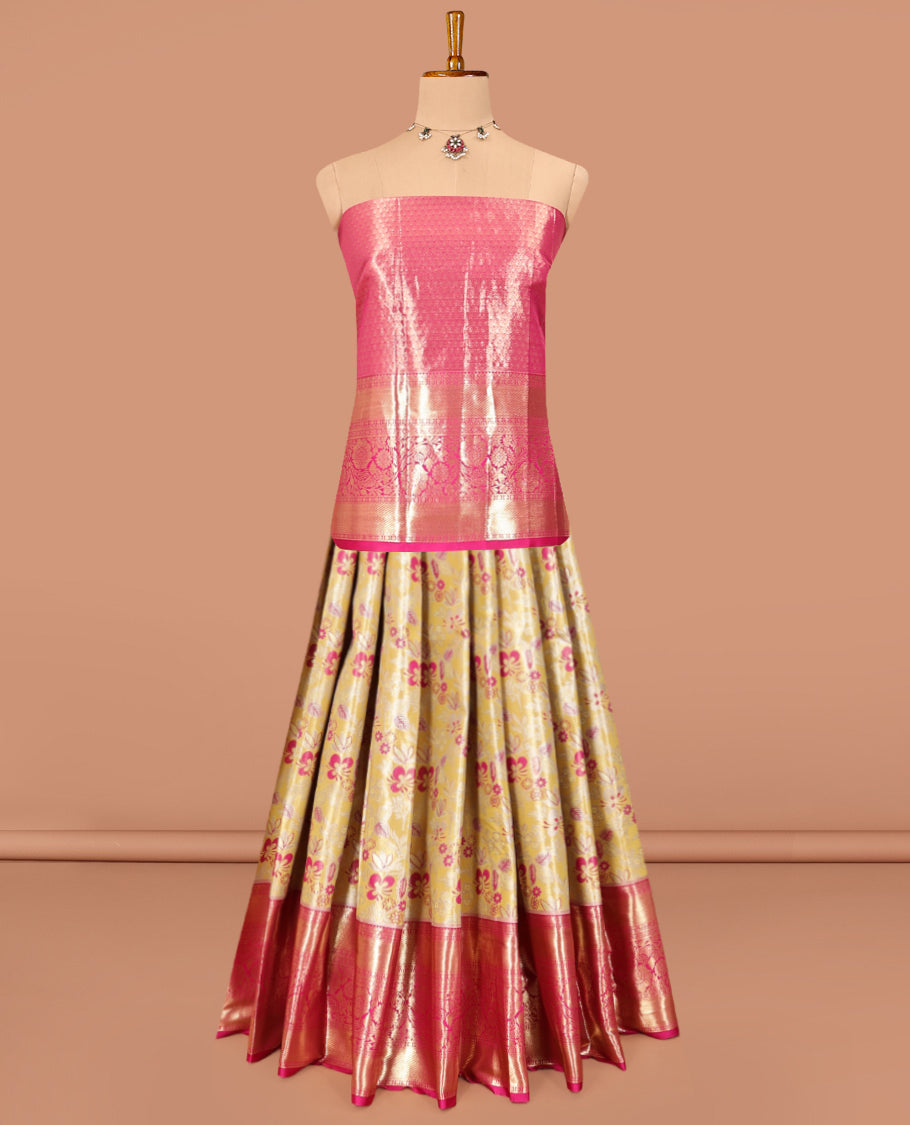 Yellow Art Silk Material Half Saree Set, Ornamented with Floral Jacquard Skirt, a Contrast Traditional Design Border, Contrast Blouse, and an Intricate Dhavani
