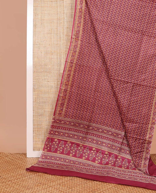 Maroon  leaf design printed silk saree with contrast intricate design border & floral design pallu