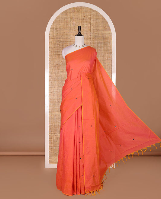 Borderless pink mirror embroidered South cotton saree with contrast kalamkari floral printed blouse