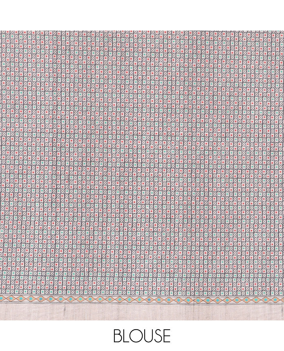 Grey Semi-Banaras Tussar Saree With Contrast Madhubani Design Border & Floral , madhubani style Pallu