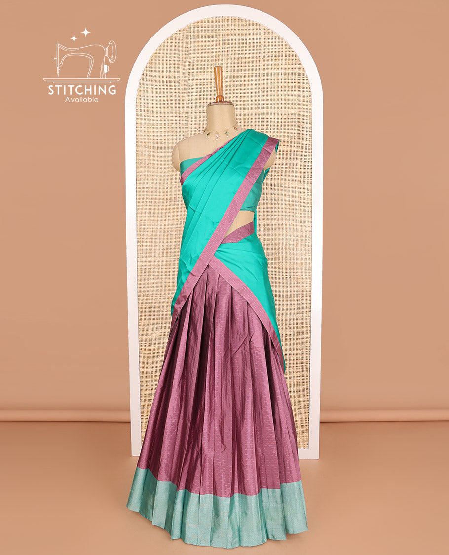 Mauve geometric design poly-cotton half saree with contrast border, plain blouse & plain, geometric design border dhavani