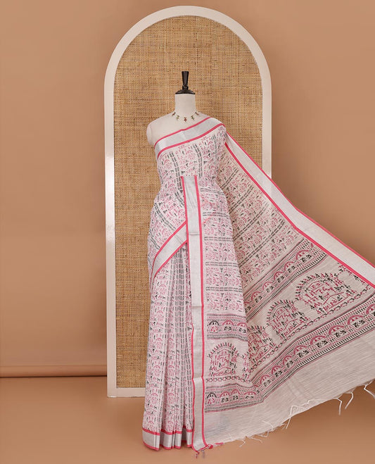 White with pink warli pattern printed design linen with silver zari bavanji border & printed pallu with tussels