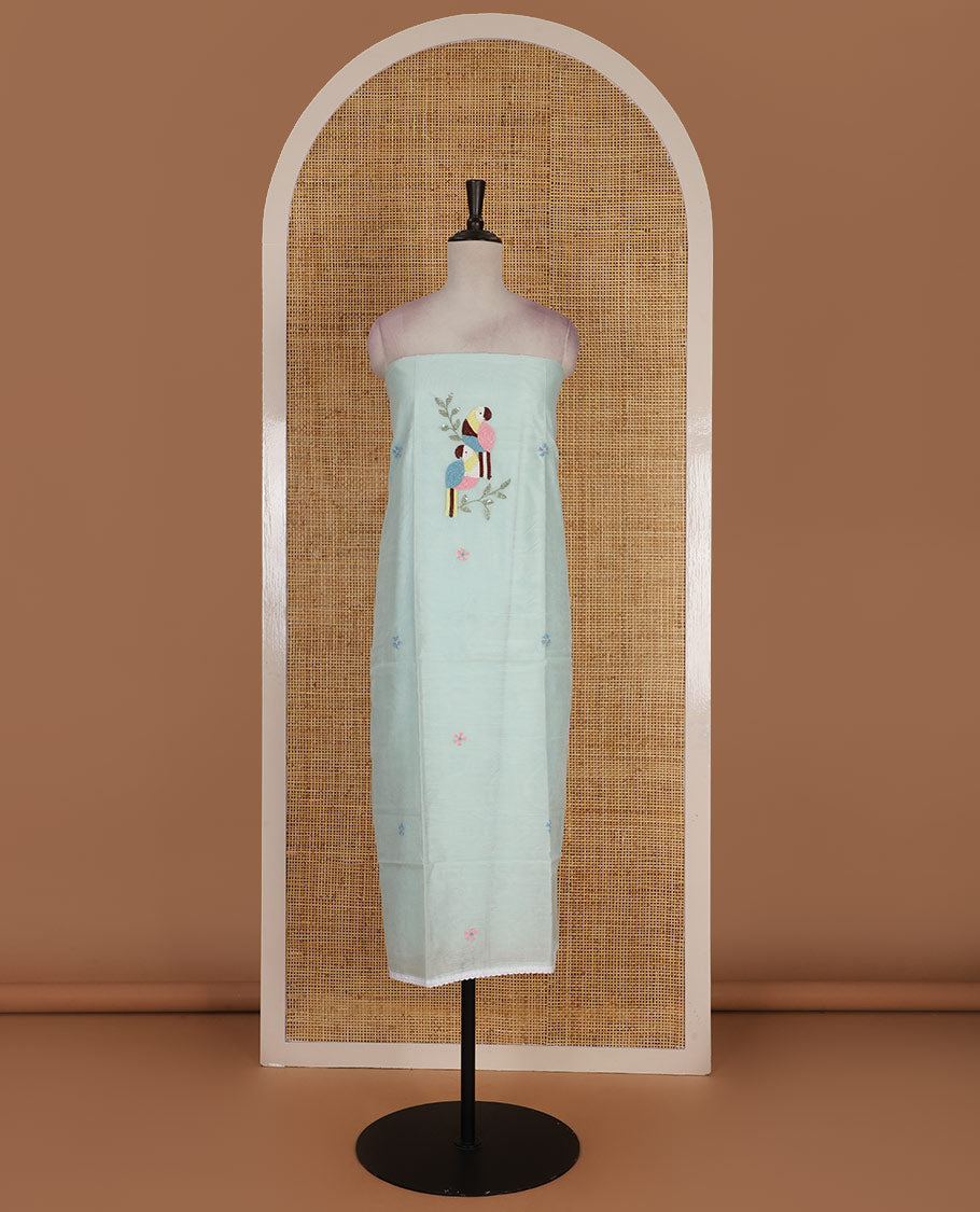 Green net kota material chudidar set, macaw parrot, and flower motifs, multi-color sugar bead embroidered top, plain santoon bottom, and sugar bead embroidered dupatta
