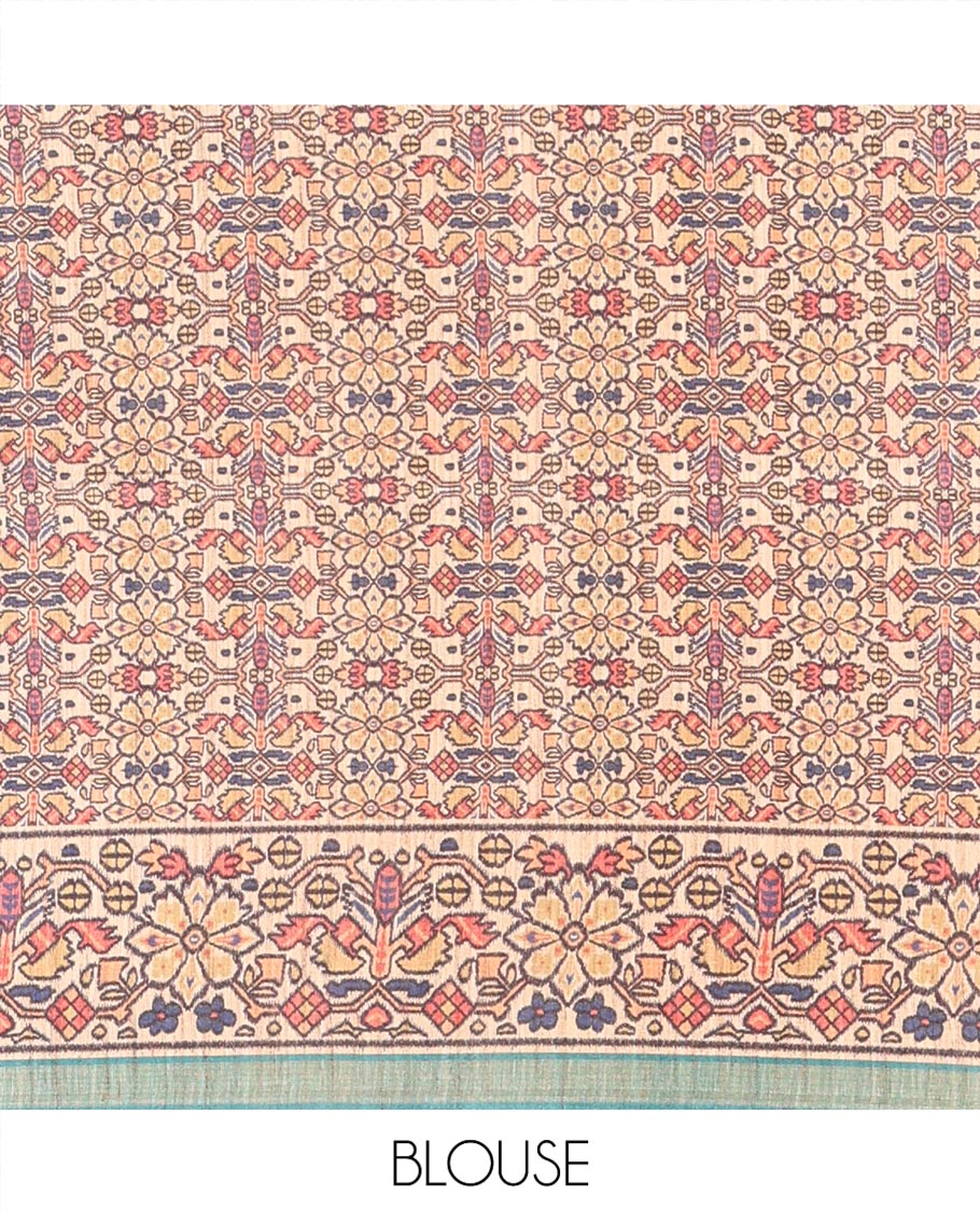 Rama Katan Silk Saree, Embellished with Checked Design On Its Body, Artfully Designed Madhubani Painting Theme Border, Pallu of Same Madhubani Print, and Paired with a Madhubani Printed Blouse
