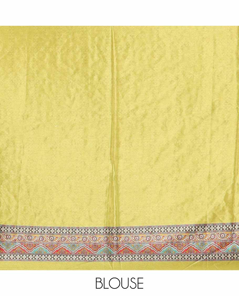 Green kaleidoscopic-colored checks & mirror embroidery masakali saree,self-border & pallu of print & mirrorwork, plain blouse