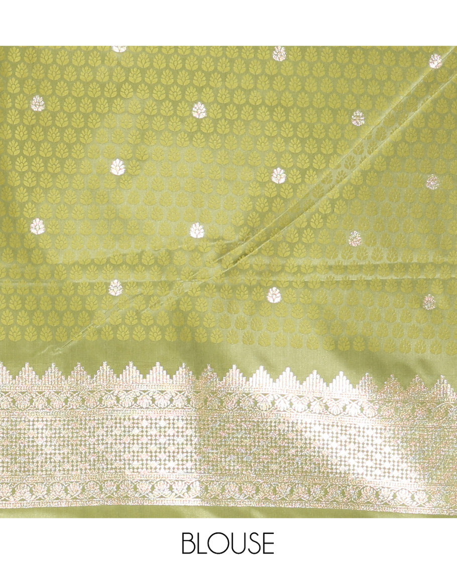 Olive Green Satin Silk Saree, Steeped in Richness of Buttas and Embossed Texture, Traditional Peacock Zari Border, Peacock Pallu, and a Matching Blouse