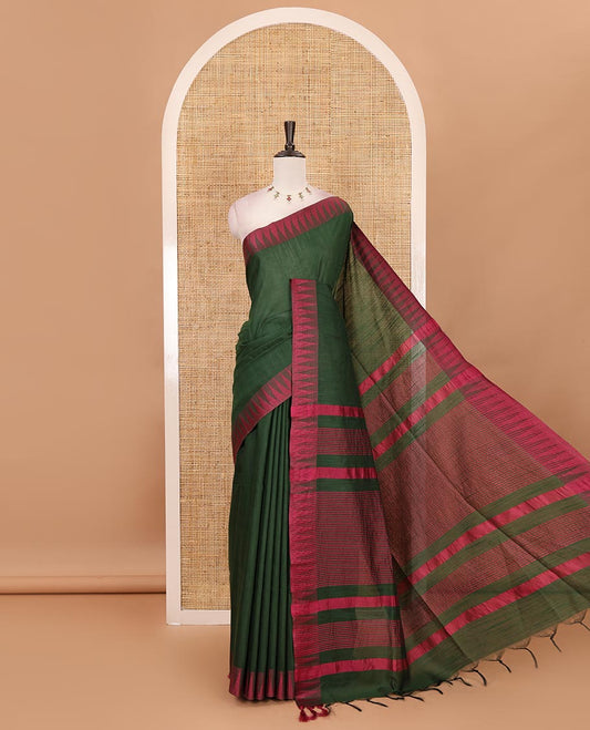 Green plain staple cotton saree, contrast temple border, striped pallu & vertical striped blouse