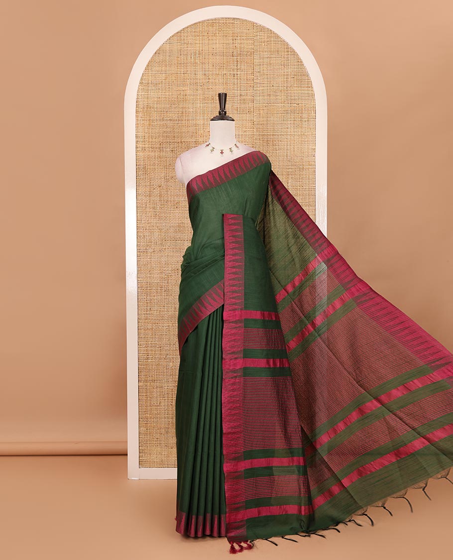 Green plain staple cotton saree, contrast temple border, striped pallu & vertical striped blouse