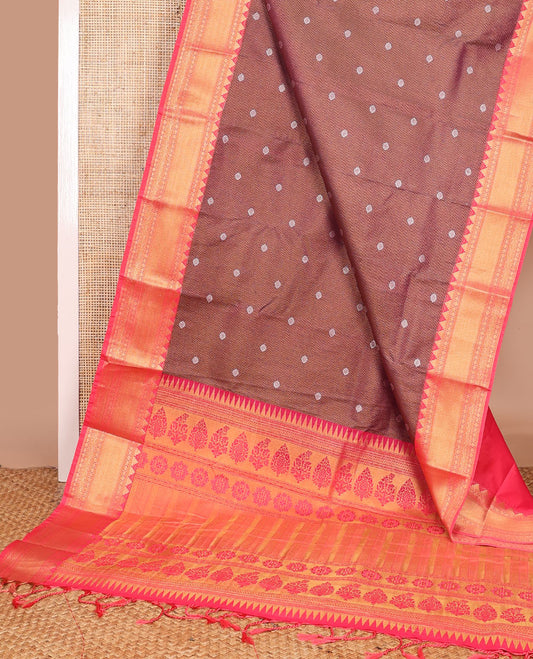 Brown leaf design gift saree with contrast rettai pettu zari design border & floral design pallu