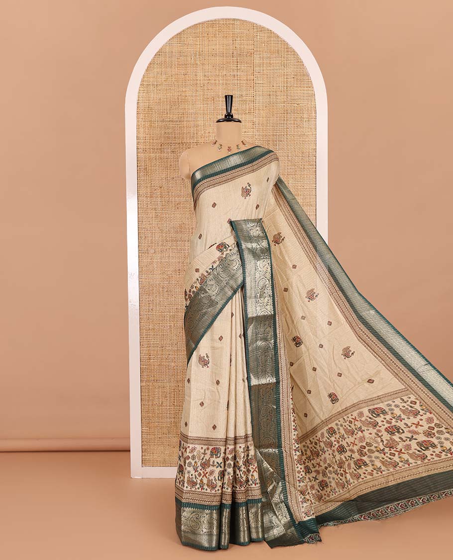 Chikku-green vertical striped, and animal motifs printed dola silk saree, contrast manga motifs zari border, animal motifs printed pallu, and a contrast printed blouse