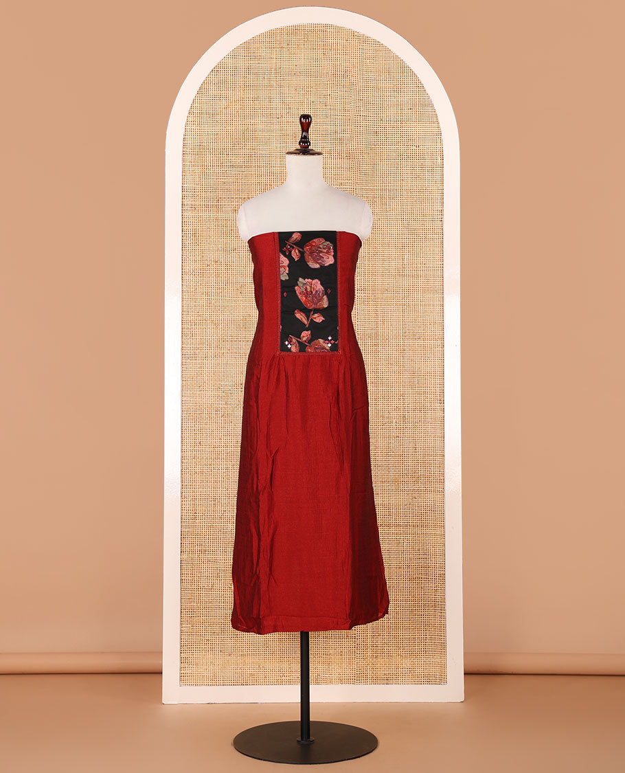 Red chudidhar material,brasso floral print & mirrorwork patch neck vichitra silk top,santoon bottom & brasso floral print dupatta